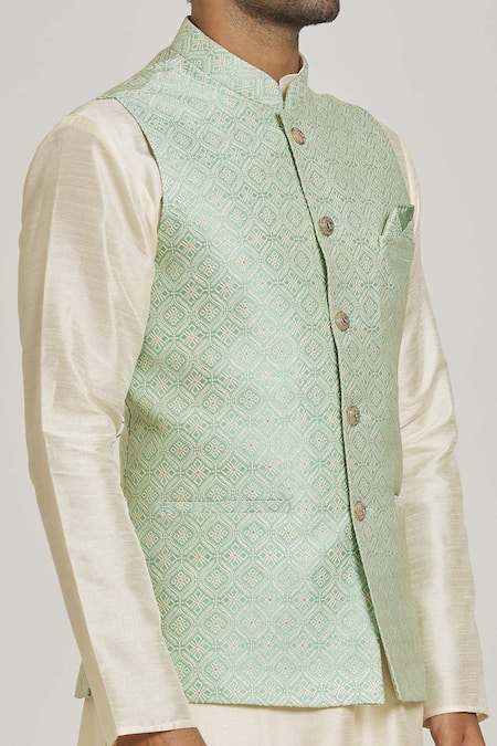 Shop Arihant Rai Sinha Green Jacquard, Silk Embroidery Floral Bundi And Kurta Set Online at Aza Fashions Shop_Arihant Rai Sinha_Green Jacquard, Silk Embroidery Floral Bundi And Kurta Set_Online_at_Aza_Fashions
