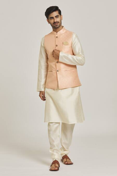 Buy Arihant Rai Sinha Peach Jacquard, Silk Embroidery Floral Bundi And Cream Kurta Set Online at Aza Fashions Buy_Arihant Rai Sinha_Peach Jacquard, Silk Embroidery Floral Bundi And Cream Kurta Set _Online_at_Aza_Fashions