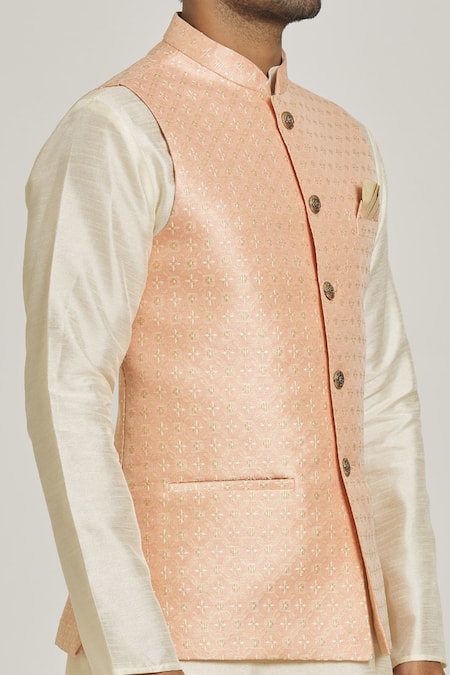 Shop Arihant Rai Sinha Peach Jacquard, Silk Embroidery Floral Bundi And Cream Kurta Set Online at Aza Fashions Shop_Arihant Rai Sinha_Peach Jacquard, Silk Embroidery Floral Bundi And Cream Kurta Set _Online_at_Aza_Fashions