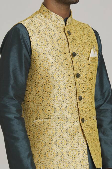 Adara Khan_Beige Art , Jacquard Pattern Bundi And Grey Kurta Set_at_Aza_Fashions