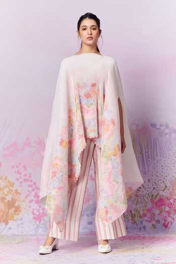 Moh India Pink Cape Poly Stain Print Strawberry Closed Meadow Pleated With Trouser Online at Aza Fashions Moh India_Pink Cape Poly Stain Print Strawberry Closed Meadow Pleated With Trouser _Online_at_Aza_Fashions