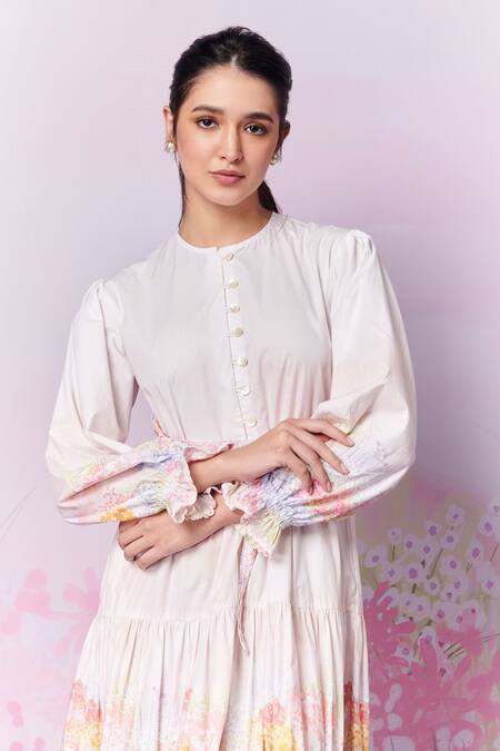 Moh India Pink Pure Cotton Poplin Print Floral Round Meadow Tiered Dress Online at Aza Fashions Moh India_Pink Pure Cotton Poplin Print Floral Round Meadow Tiered Dress _Online_at_Aza_Fashions