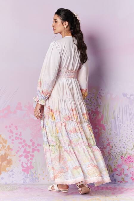 Buy Moh India Pink Pure Cotton Poplin Print Floral Round Meadow Tiered Dress Online at Aza Fashions Buy_Moh India_Pink Pure Cotton Poplin Print Floral Round Meadow Tiered Dress _Online_at_Aza_Fashions