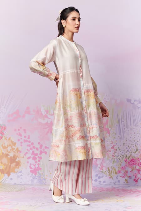 Shop Moh India Pink Kurta Pure Chanderi Silk Print Strawberry Band Collar Meadow A-line at Aza Fashions Shop_Moh India_Pink Kurta Pure Chanderi Silk Print Strawberry Band Collar Meadow A-line _at_Aza_Fashions