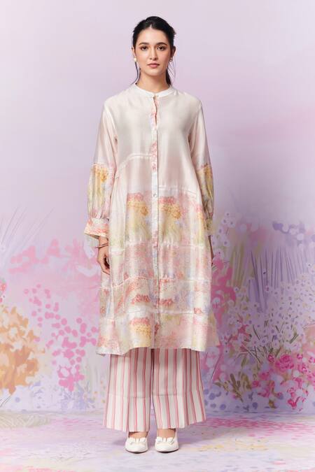 Moh India Pink Kurta Pure Chanderi Silk Print Strawberry Band Collar Meadow A-line Online at Aza Fashions Moh India_Pink Kurta Pure Chanderi Silk Print Strawberry Band Collar Meadow A-line _Online_at_Aza_Fashions