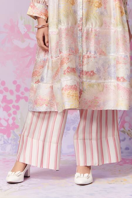 Buy Moh India Pink Kurta Pure Chanderi Silk Print Strawberry Band Collar Meadow A-line Online at Aza Fashions Buy_Moh India_Pink Kurta Pure Chanderi Silk Print Strawberry Band Collar Meadow A-line _Online_at_Aza_Fashions