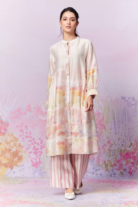 Shop Moh India Pink Kurta Pure Chanderi Silk Print Strawberry Band Collar Meadow A-line Online at Aza Fashions Shop_Moh India_Pink Kurta Pure Chanderi Silk Print Strawberry Band Collar Meadow A-line _Online_at_Aza_Fashions