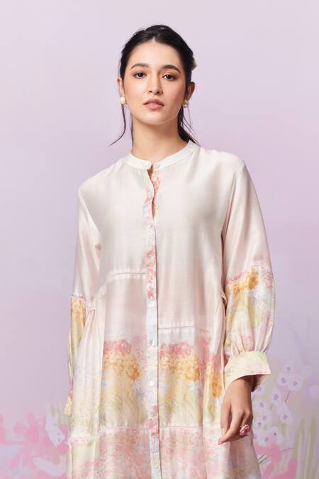 Moh India Pink Kurta Pure Chanderi Silk Print Strawberry Band Collar Meadow A-line at Aza Fashions Moh India_Pink Kurta Pure Chanderi Silk Print Strawberry Band Collar Meadow A-line _at_Aza_Fashions