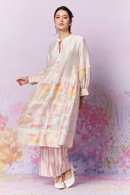 Shop Moh India Pink Kurta Pure Chanderi Silk Print Strawberry Band Collar Meadow A-line Shop_Moh India_Pink Kurta Pure Chanderi Silk Print Strawberry Band Collar Meadow A-line