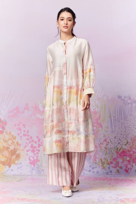 Moh India Pink Kurta And Trouser Pure Chanderi Silk Print Meadow A-line & Pant Set Online at Aza Fashions Moh India_Pink Kurta And Trouser Pure Chanderi Silk Print Meadow A-line & Pant Set _Online_at_Aza_Fashions