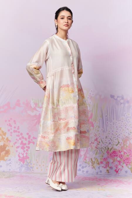 Moh India Pink Kurta And Trouser Pure Chanderi Silk Print Meadow A-line & Pant Set at Aza Fashions Moh India_Pink Kurta And Trouser Pure Chanderi Silk Print Meadow A-line & Pant Set _at_Aza_Fashions