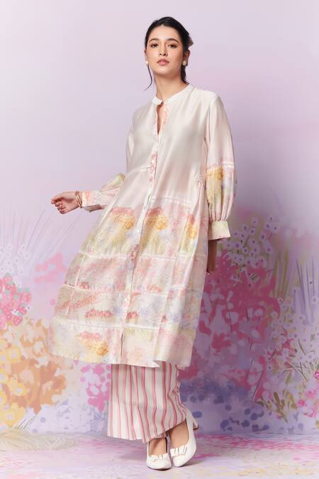 Buy Moh India Pink Kurta And Trouser Pure Chanderi Silk Print Meadow A-line & Pant Set Buy_Moh India_Pink Kurta And Trouser Pure Chanderi Silk Print Meadow A-line & Pant Set