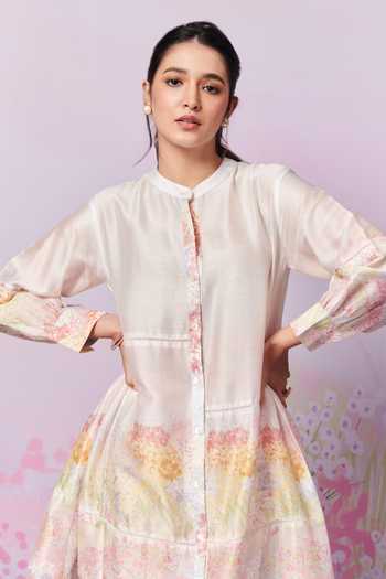 Moh India Pink Chanderi Silk, Meadow Strawberry Garden Print A-line Kurta And Pant Set Online at Aza Fashions Moh India_Pink Chanderi Silk, Meadow Strawberry Garden Print A-line Kurta And Pant Set _Online_at_Aza_Fashions