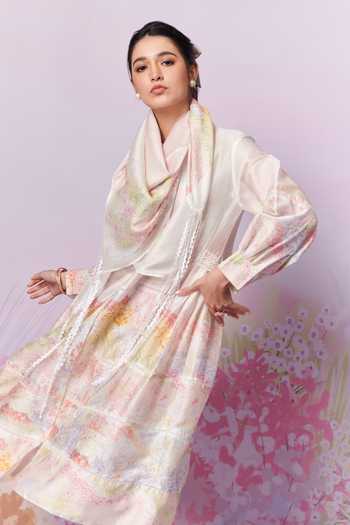 Moh India Pink Chanderi Silk, Meadow Strawberry Garden Print A-line Kurta And Pant Set at Aza Fashions Moh India_Pink Chanderi Silk, Meadow Strawberry Garden Print A-line Kurta And Pant Set _at_Aza_Fashions