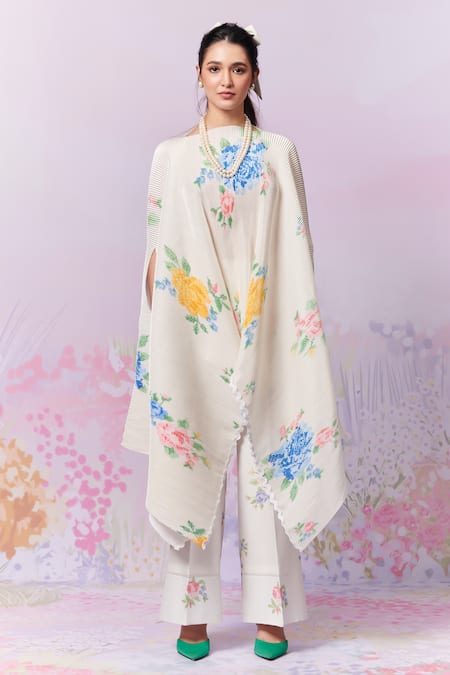 Moh India_Ivory Poly Satin Embroidery Cross-stitch Rose Asymmetric Neck Summer Cape _Online_at_Aza_Fashions