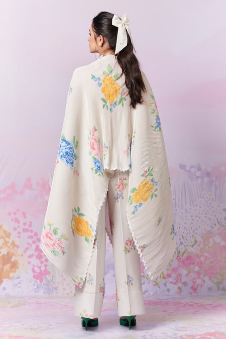 Shop Moh India Ivory Ply Satin Cape Embroidery Cross-stitch Rose Summer With Trouser at Aza Fashions Shop_Moh India_Ivory Ply Satin Cape Embroidery Cross-stitch Rose Summer With Trouser _at_Aza_Fashions