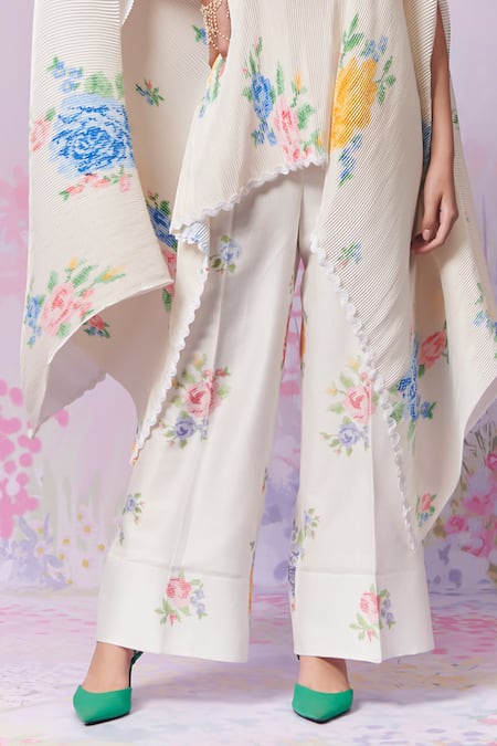 Buy Moh India Ivory Ply Satin Cape Embroidery Cross-stitch Rose Summer With Trouser Online at Aza Fashions Buy_Moh India_Ivory Ply Satin Cape Embroidery Cross-stitch Rose Summer With Trouser _Online_at_Aza_Fashions