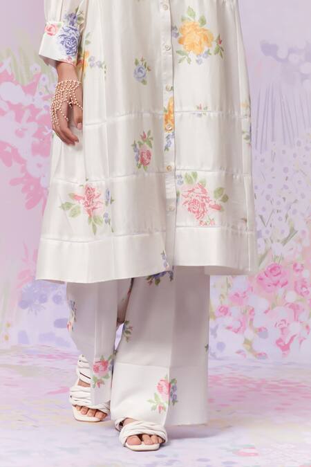Buy_Moh India_Ivory Linen Embroidery Mandarin Collar Summer Rose Kurta _Online_at_Aza_Fashions