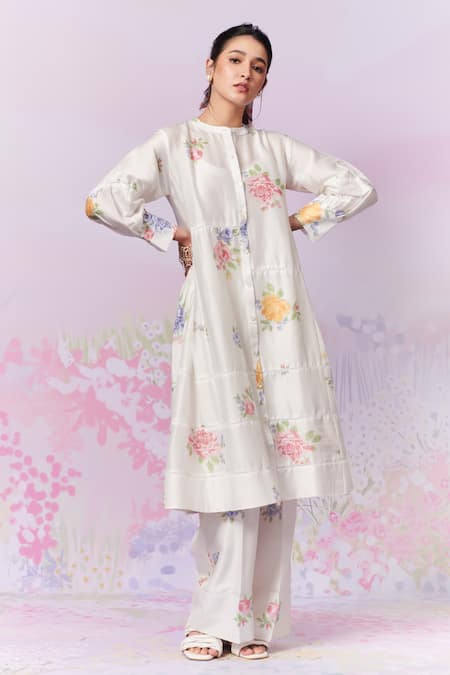 Shop_Moh India_Ivory Linen Embroidery Mandarin Collar Summer Rose Kurta _Online_at_Aza_Fashions