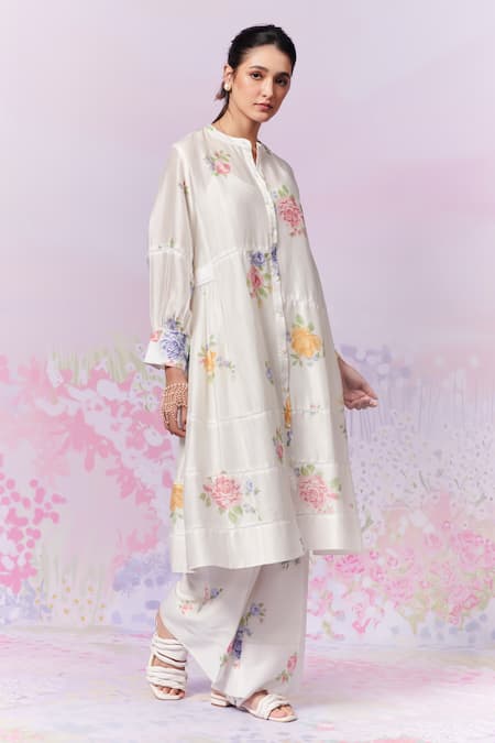 Moh India_Ivory Linen Embroidery Mandarin Collar Summer Rose Kurta _at_Aza_Fashions