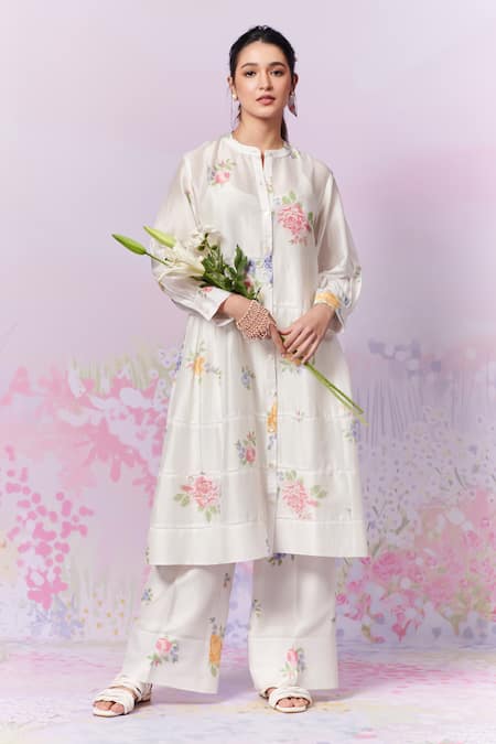 Buy_Moh India_Ivory Linen Embroidery Mandarin Collar Summer Rose Kurta 