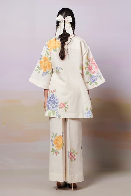 Shop Moh India Ivory Linen Embroidery Open Neck Summer Roses Shirt Tunic With Trouser at Aza Fashions Shop_Moh India_Ivory Linen Embroidery Open Neck Summer Roses Shirt Tunic With Trouser _at_Aza_Fashions