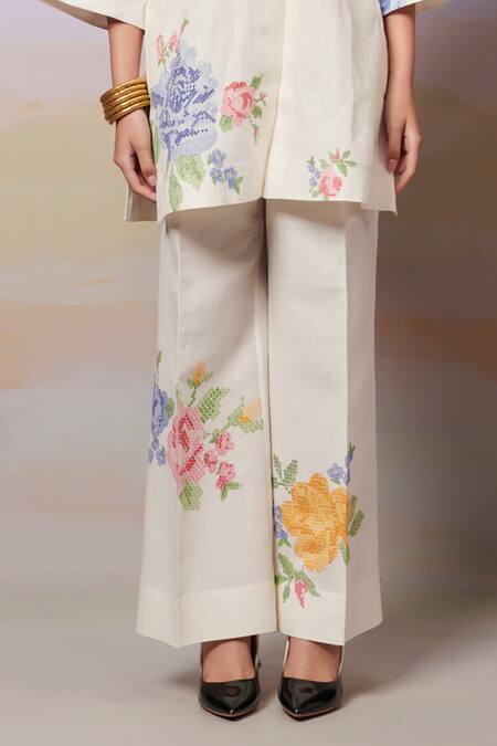 Buy Moh India Ivory Linen Embroidery Open Neck Summer Roses Shirt Tunic With Trouser Online at Aza Fashions Buy_Moh India_Ivory Linen Embroidery Open Neck Summer Roses Shirt Tunic With Trouser _Online_at_Aza_Fashions