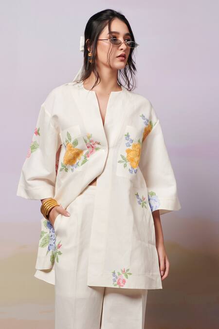 Shop Moh India Ivory Linen Embroidery Open Neck Summer Roses Shirt Tunic With Trouser Online at Aza Fashions Shop_Moh India_Ivory Linen Embroidery Open Neck Summer Roses Shirt Tunic With Trouser _Online_at_Aza_Fashions