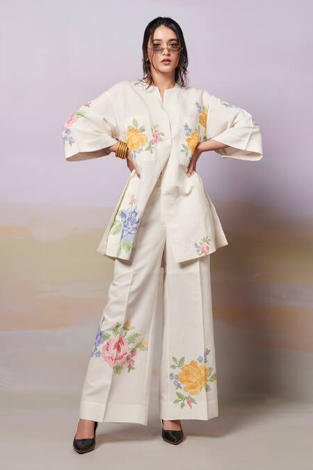 Moh India Ivory Linen Embroidery Open Neck Summer Roses Shirt Tunic With Trouser at Aza Fashions Moh India_Ivory Linen Embroidery Open Neck Summer Roses Shirt Tunic With Trouser _at_Aza_Fashions