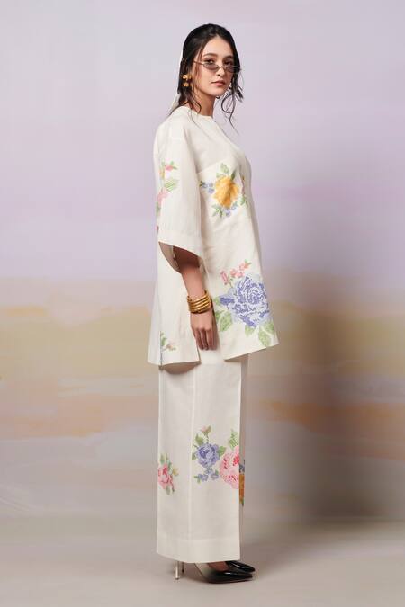 Buy Moh India Ivory Linen Embroidery Open Neck Summer Roses Shirt Tunic With Trouser Buy_Moh India_Ivory Linen Embroidery Open Neck Summer Roses Shirt Tunic With Trouser