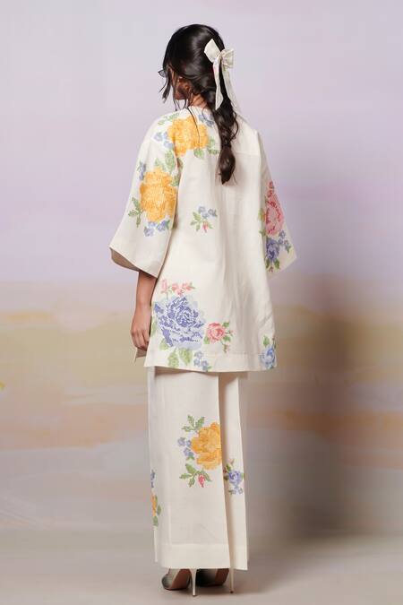 Shop Moh India Ivory Linen Embroidery Open Neck Summer Roses Shirt Tunic With Trouser Shop_Moh India_Ivory Linen Embroidery Open Neck Summer Roses Shirt Tunic With Trouser