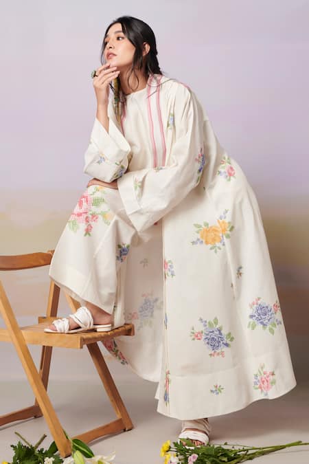 Moh India_Ivory Sense Linen Embroidery Cross-stitch Rose Open Neck Summer Overlay _Online_at_Aza_Fashions
