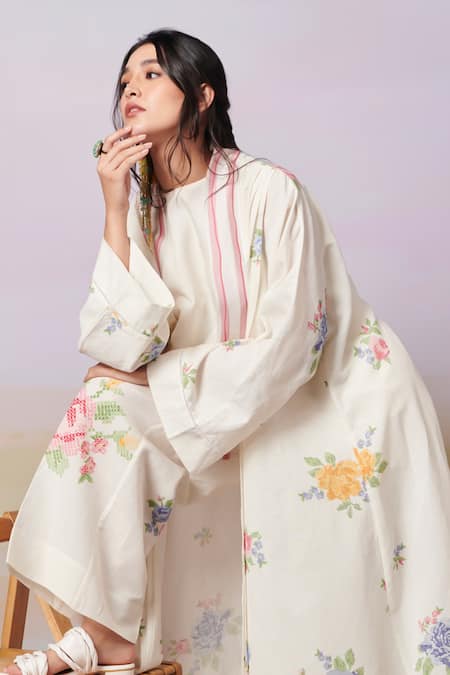 Buy_Moh India_Ivory Sense Linen Embroidery Cross-stitch Rose Open Neck Summer Overlay _Online_at_Aza_Fashions