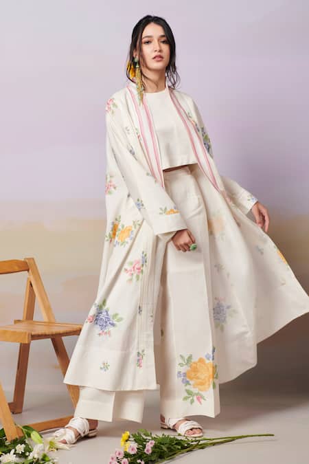 Shop_Moh India_Ivory Sense Linen Embroidery Cross-stitch Rose Open Neck Summer Overlay _Online_at_Aza_Fashions