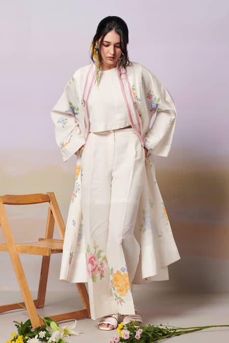 Moh India_Ivory Sense Linen Embroidery Cross-stitch Rose Open Neck Summer Overlay _at_Aza_Fashions