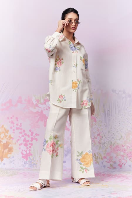 Moh India_Ivory Sense Linen Embroidery Cross-stitch Rose Collar Summer Shirt _Online_at_Aza_Fashions