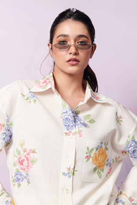 Shop_Moh India_Ivory Sense Linen Embroidery Cross-stitch Rose Collar Summer Shirt _Online_at_Aza_Fashions