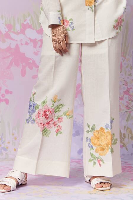 Moh India Ivory Linen Embroidery Collared Summer Roses Shirt With Trouser Online at Aza Fashions Moh India_Ivory Linen Embroidery Collared Summer Roses Shirt With Trouser _Online_at_Aza_Fashions