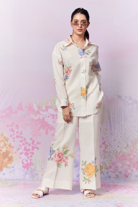 Buy Moh India Ivory Linen Embroidery Collared Summer Roses Shirt With Trouser Online at Aza Fashions Buy_Moh India_Ivory Linen Embroidery Collared Summer Roses Shirt With Trouser _Online_at_Aza_Fashions
