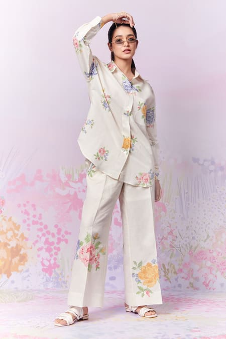 Shop Moh India Ivory Linen Embroidery Collared Summer Roses Shirt With Trouser Online at Aza Fashions Shop_Moh India_Ivory Linen Embroidery Collared Summer Roses Shirt With Trouser _Online_at_Aza_Fashions