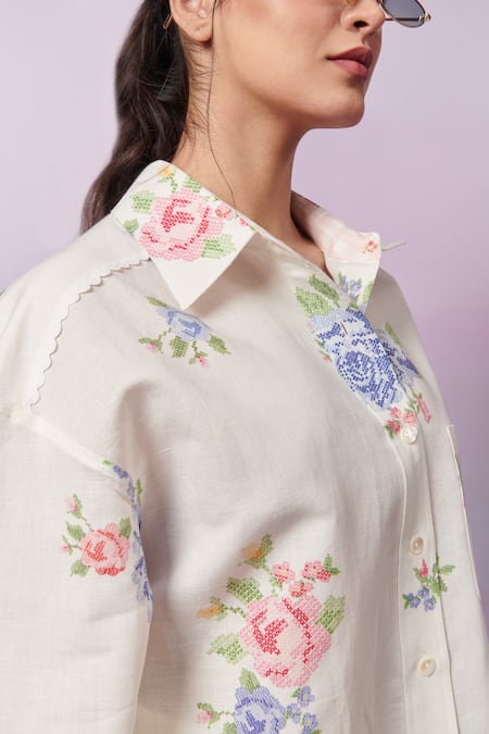 Buy Moh India Ivory Linen Embroidery Collared Summer Roses Shirt With Trouser Buy_Moh India_Ivory Linen Embroidery Collared Summer Roses Shirt With Trouser