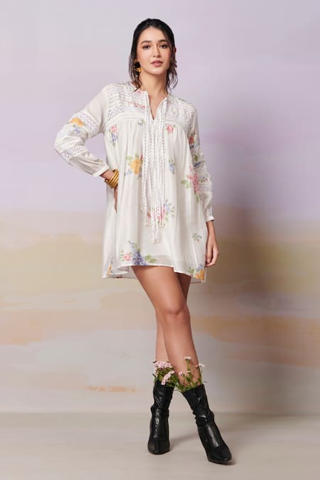 Moh India Summer Roses Embroidered Short Dress 