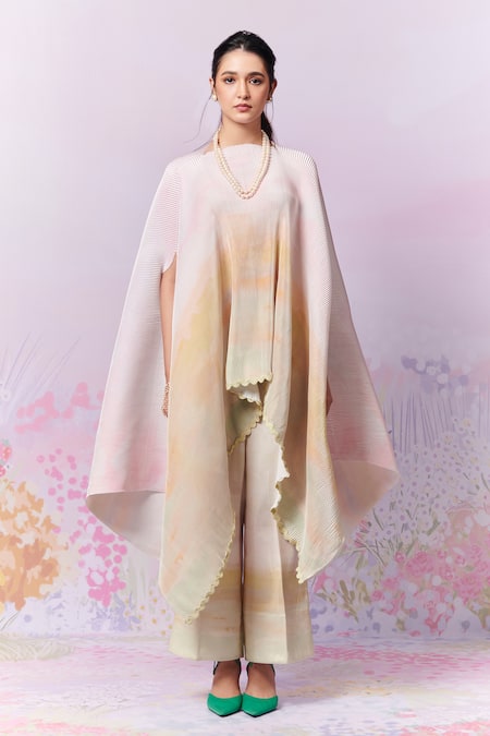 Moh India_Ivory Poly Satin Printed Landscape Boat After Glow Cape _Online_at_Aza_Fashions