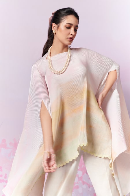 Buy_Moh India_Ivory Poly Satin Printed Landscape Boat After Glow Cape _Online_at_Aza_Fashions