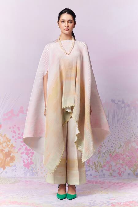 Buy_Moh India_Ivory Cape Poly Satin Printed Landscape Boat After Glow With Trouser _Online_at_Aza_Fashions