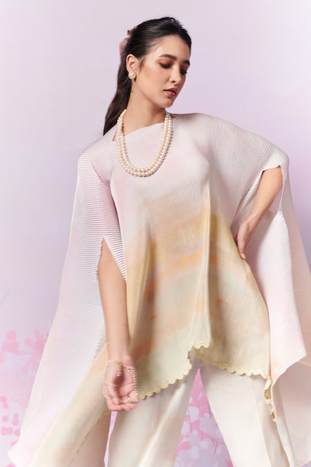 Shop_Moh India_Ivory Cape Poly Satin Printed Landscape Boat After Glow With Trouser _Online_at_Aza_Fashions