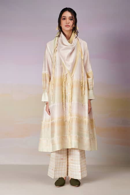 Shop_Moh India_Ivory Chanderi Silk, Cotton Lace, Embroidery After Glow Kurta Set With Scarf _Online_at_Aza_Fashions