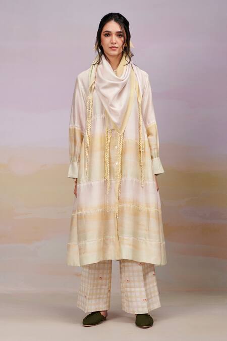 Moh India_Ivory Chanderi Silk, Cotton Lace, Embroidery After Glow Kurta Set With Scarf _at_Aza_Fashions