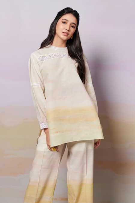 Buy_Moh India_Ivory Linen Printed Landscape Sunrise Round After Glow Top With Trouser _Online_at_Aza_Fashions