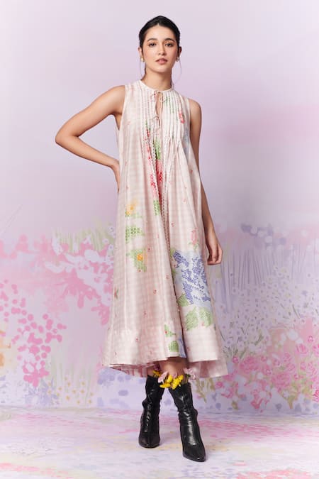 Moh India Blush Blossom Gingham Print Dress 